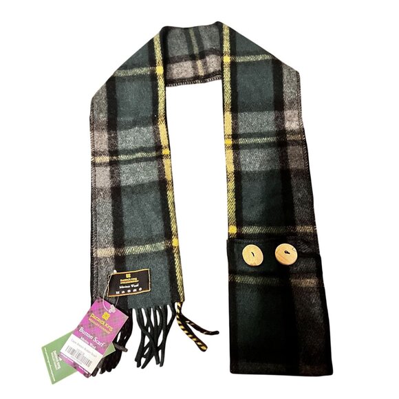 Patrick King Merino‎ Wool Green Plaid Button Scarf With Fringe Trim scottish - Picture 3 of 9